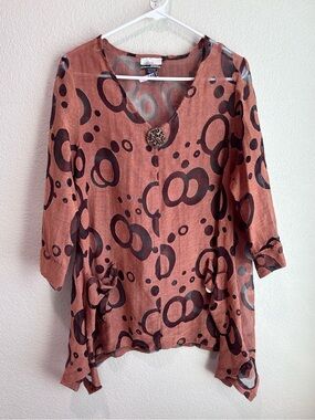 Mirror Image Artsy Lagenlook Abstract Circle Tunic Top Sheer Rust Brown Medium